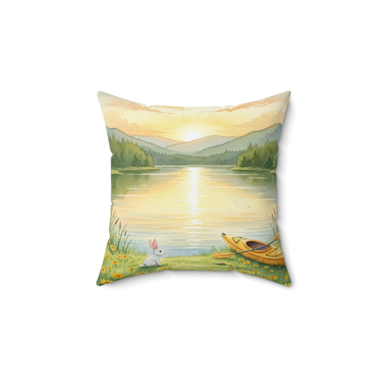 Golden Hour Solace: Watercolor Lakeside Adventure with Bunny Pillow