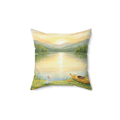 Golden Hour Solace: Watercolor Lakeside Adventure with Bunny Pillow