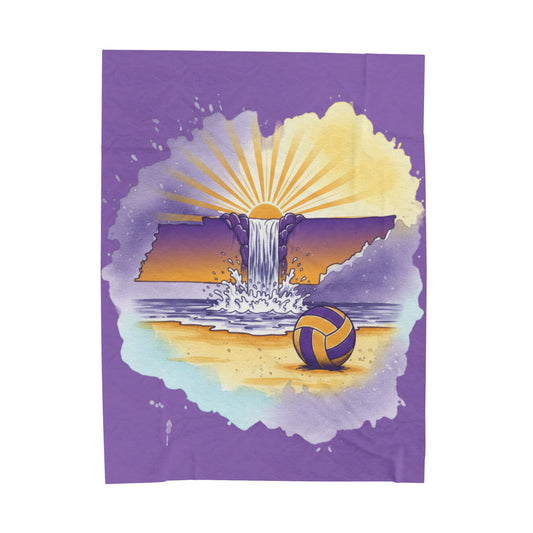 Tennessee Sunset Beach Volleyball Velveteen Plush Blanket, Cookeville, TN, Waterfall Capital of the World, Beach Volleyball