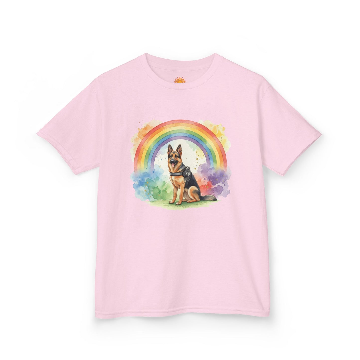 Kids German Shepherd Tee — Rainbow Watercolor Pup T-Shirt