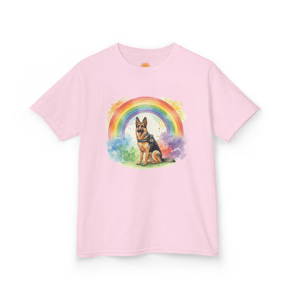 Kids German Shepherd Tee — Rainbow Watercolor Pup T-Shirt