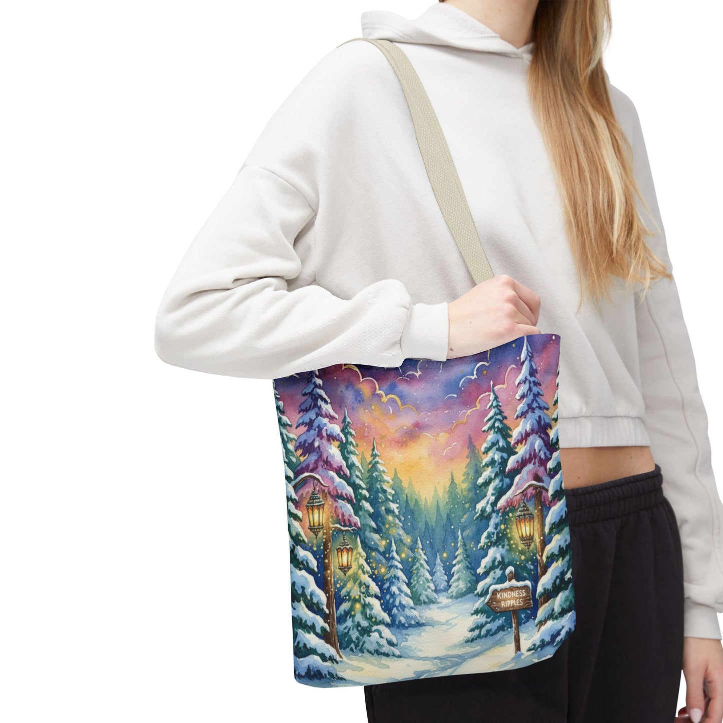 Enchanting Watercolor Winter Wonderland Tote Bag - Festive Holiday Gift & Everyday Carryall | 3 Sizes, Custom Handles