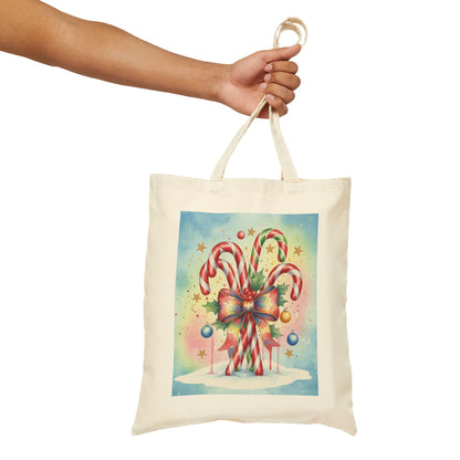 Festive Candy Cane Tote Bag - Christmas Canvas Shopper