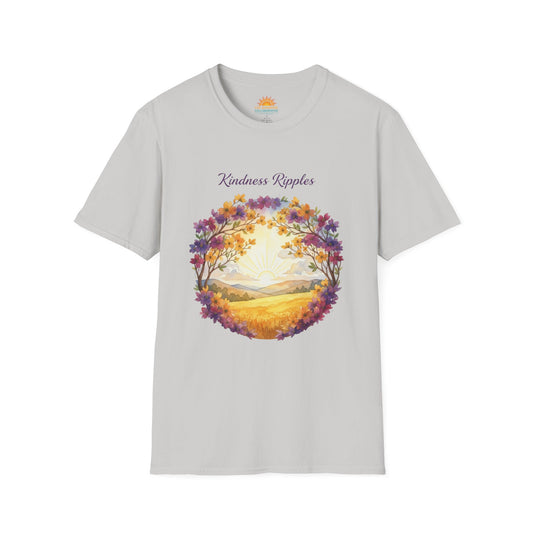 Unisex Softstyle Kindness Ripples Dogwoods and Sunshine T-Shirt, Cookeville, TN, Purple and Gold, Waterfall Capital of the World