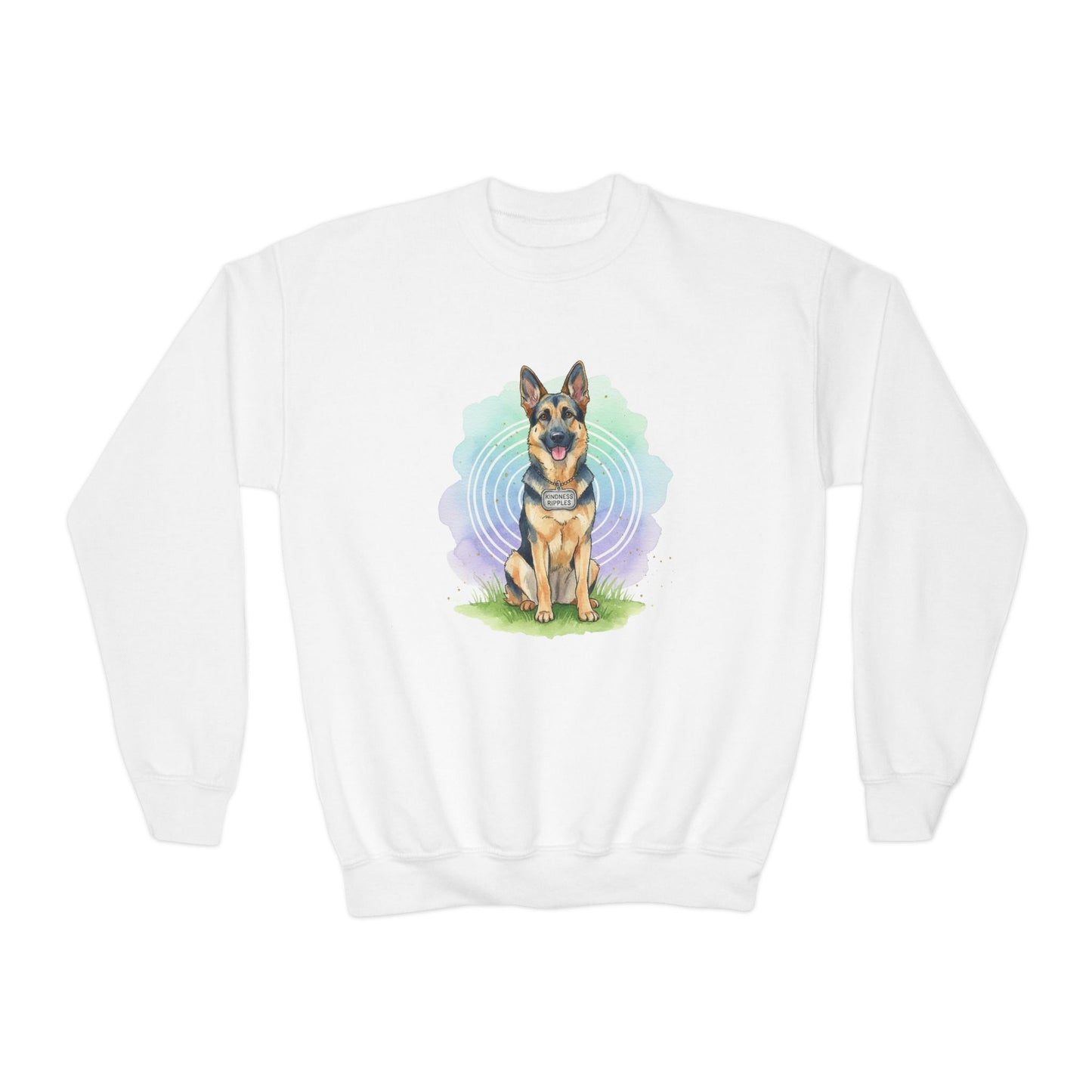 German Shepherd Youth Crewneck Sweatshirt – Watercolor Pawprint Design - Kindness Ripples