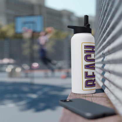 Beach Stainless Steel Water Bottle — Vertical Purple & Gold 'BEACH' Travel Bottle