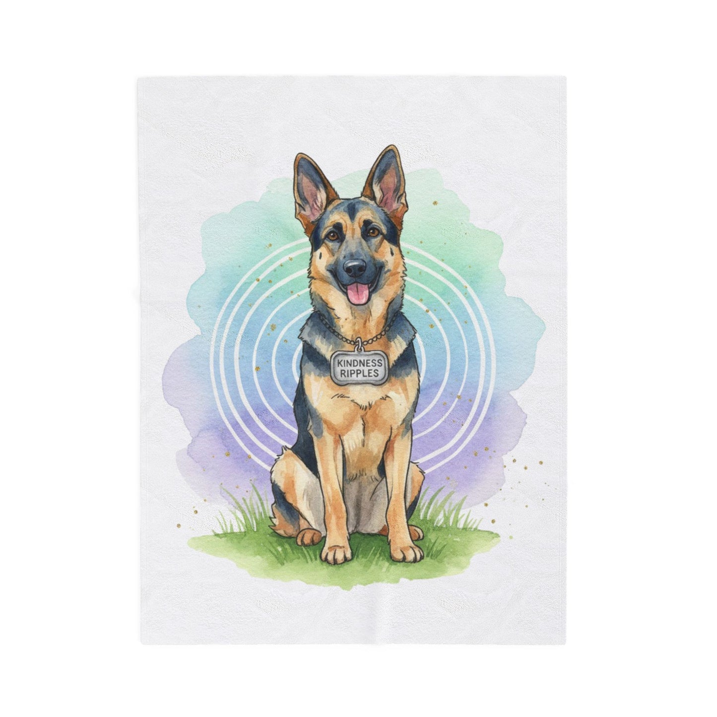 German Shepherd Velveteen Plush Blanket – Watercolor Service Dog Design -Kindness Ripples