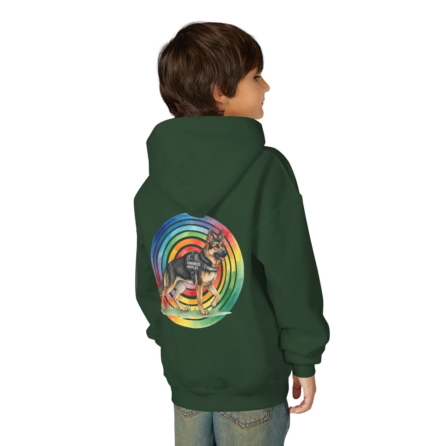 Youth Hoodie — Rainbow Paw & German Shepherd Graphic - Kindness Ripples
