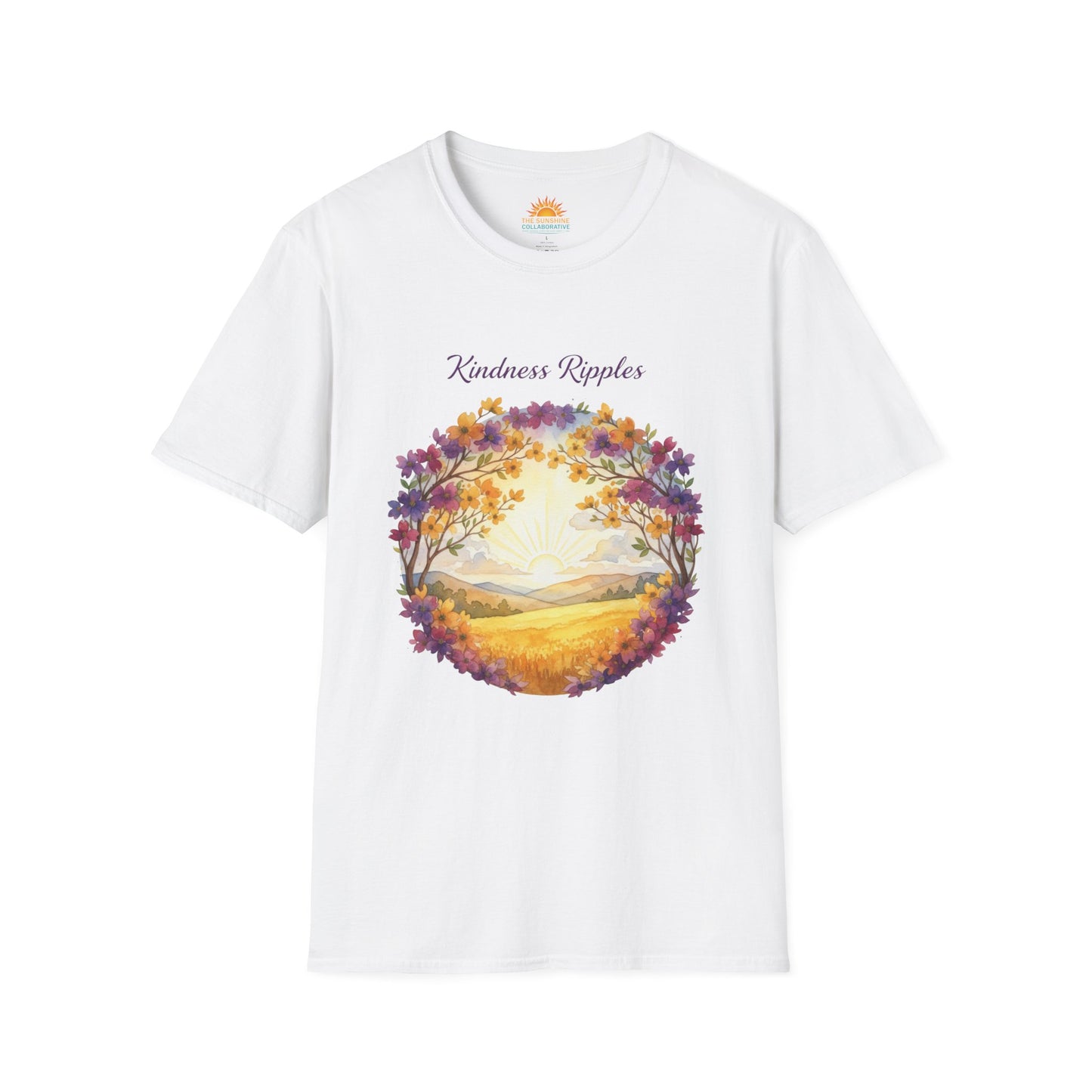 Unisex Softstyle Kindness Ripples Dogwoods and Sunshine T-Shirt, Cookeville, TN, Purple and Gold, Waterfall Capital of the World