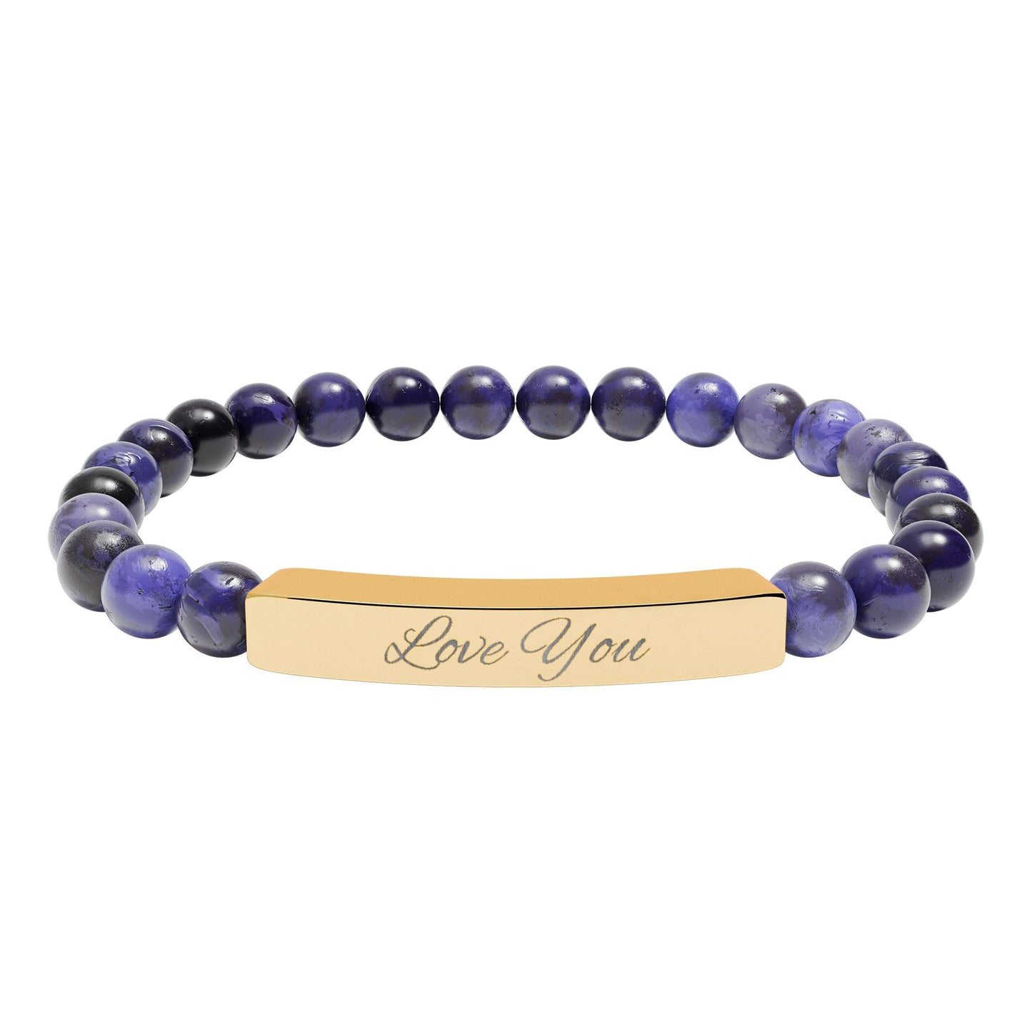 Engraved Natural Stone Bar Bracelet — "Love You" Stretch Beaded Bracelet