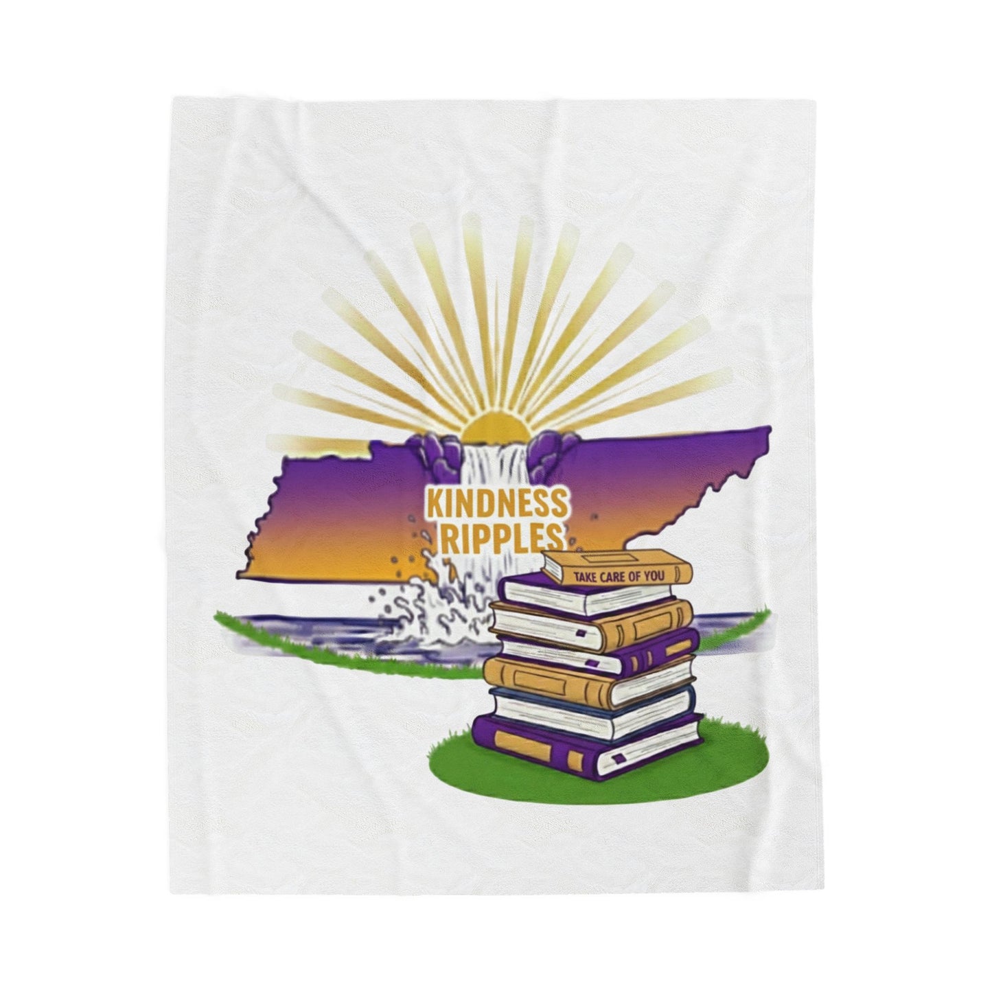 Cozy Kindness Velveteen Blanket, Soft Throw for Home, Perfect Gift for Reading Lovers, Student Mental Health and Wellness, Tennessee Waterfalls, Warm Holiday Gift, Book Lover Decor, Purple and Gold