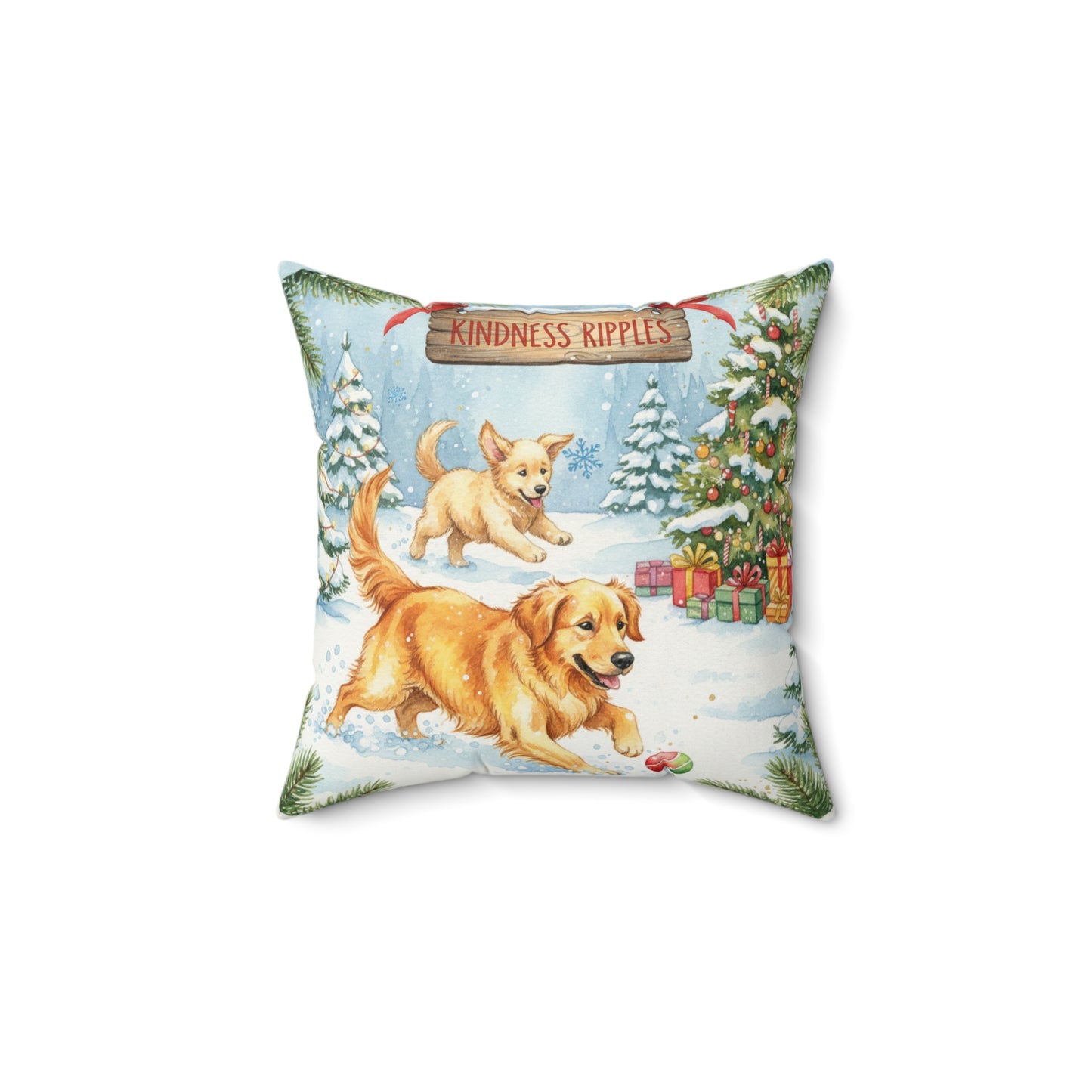 Friendly Golden Retrievers Dog Christmas Pillow – Holiday Tree & Gifts Decorative Throw Pillow