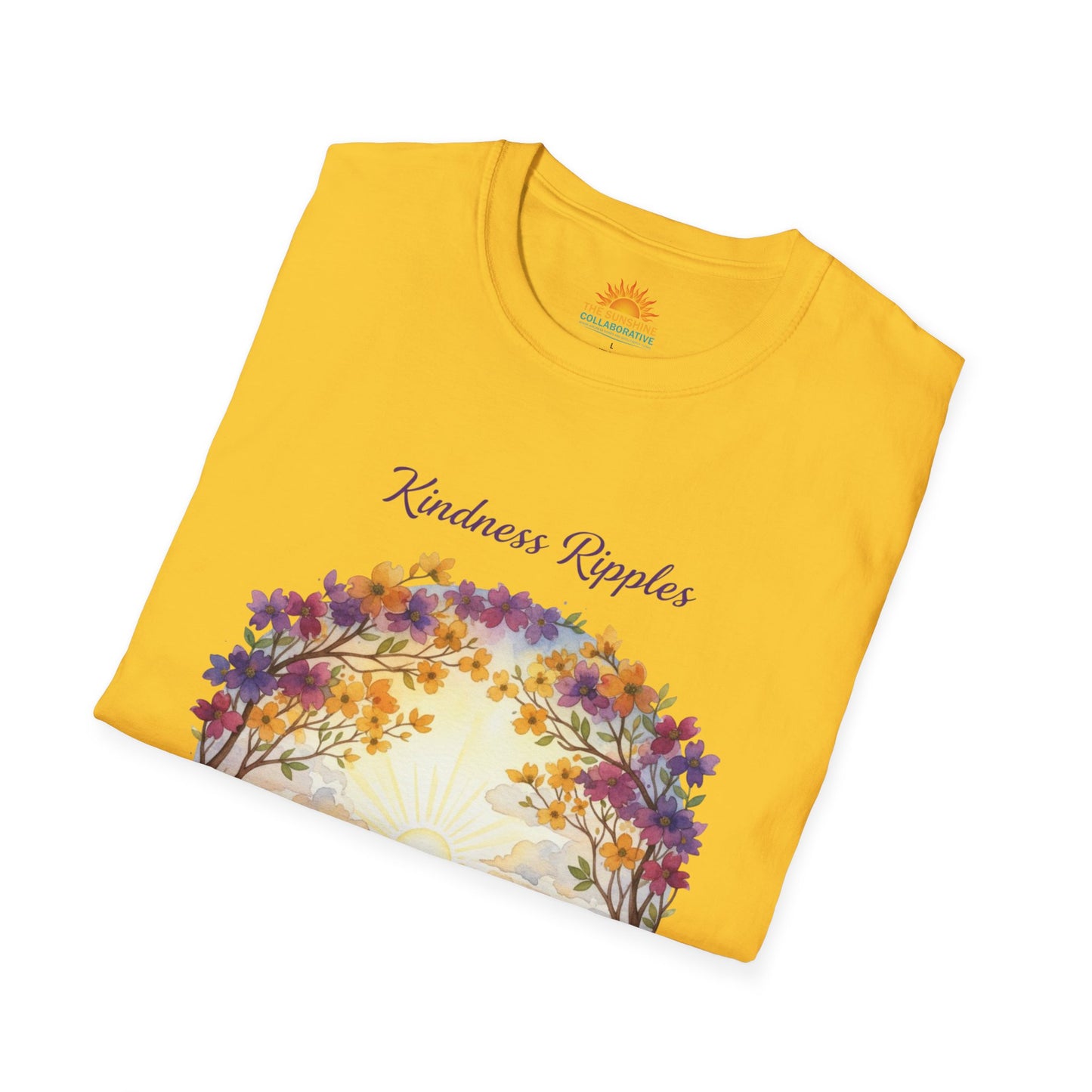 Unisex Softstyle Kindness Ripples Dogwoods and Sunshine T-Shirt, Cookeville, TN, Purple and Gold, Waterfall Capital of the World