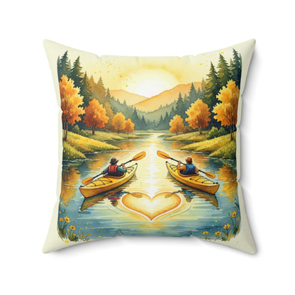 Kayaking Hearts of Hope Square Throw Pillow — Nature Lover Accent Pillow
