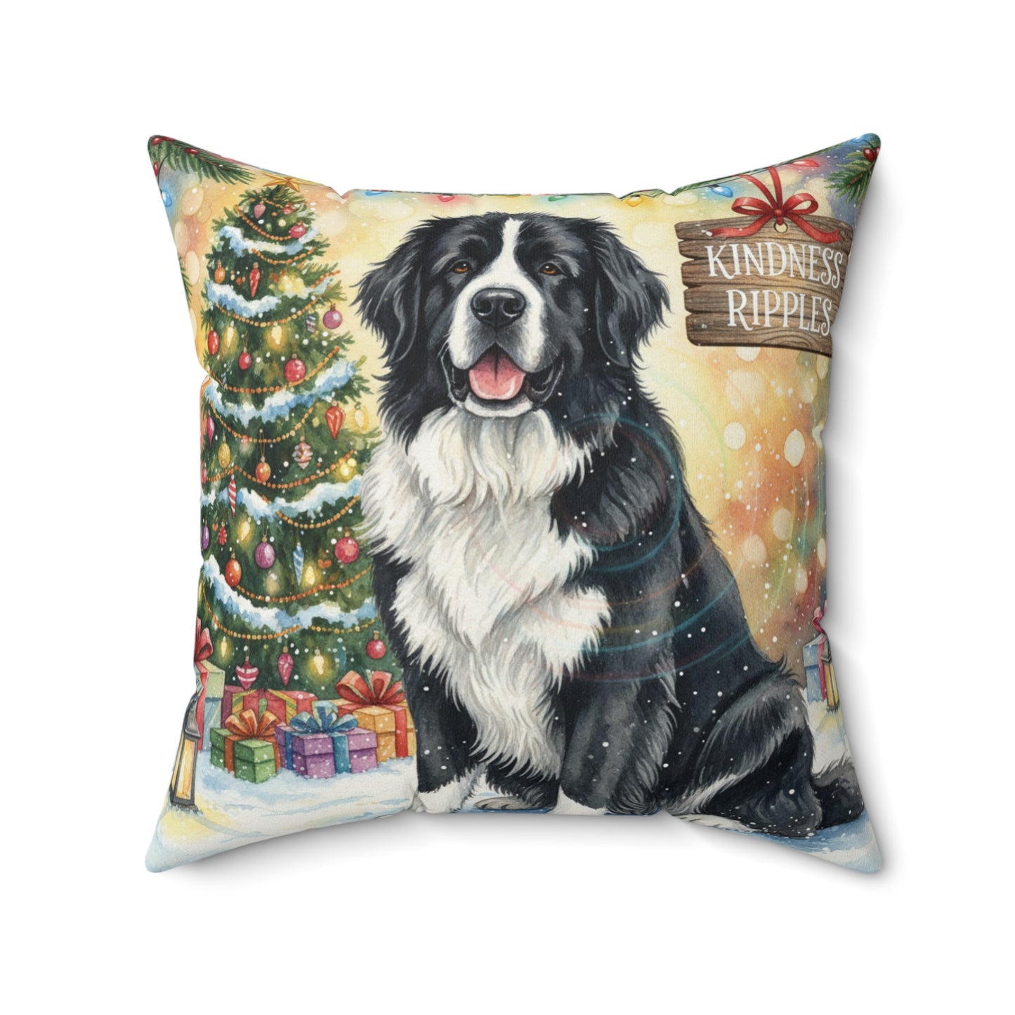 Gentle Newfoundland Dog Christmas Pillow – Holiday Tree & Gifts Decorative Throw Pillow
