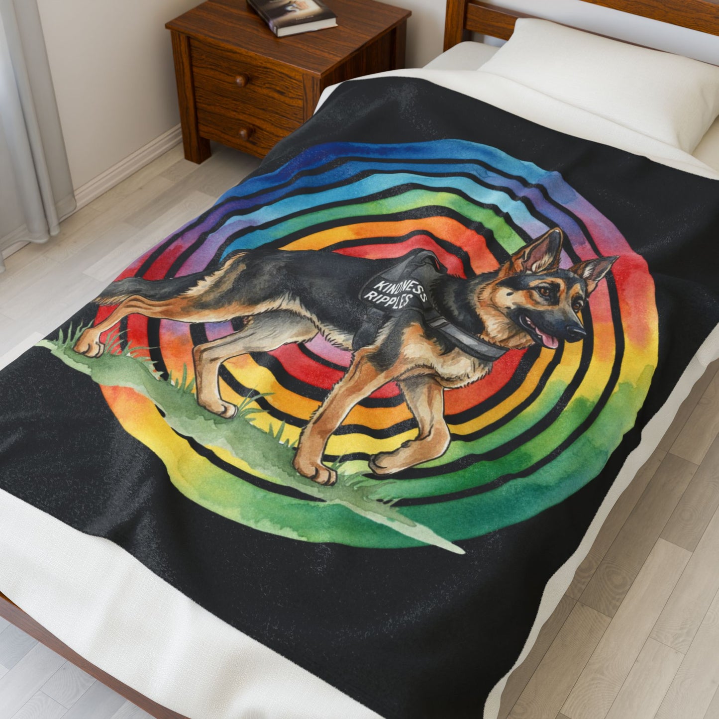 Velveteen Plush Blanket — German Shepherd "Kindness Ripples" Rainbow Throw