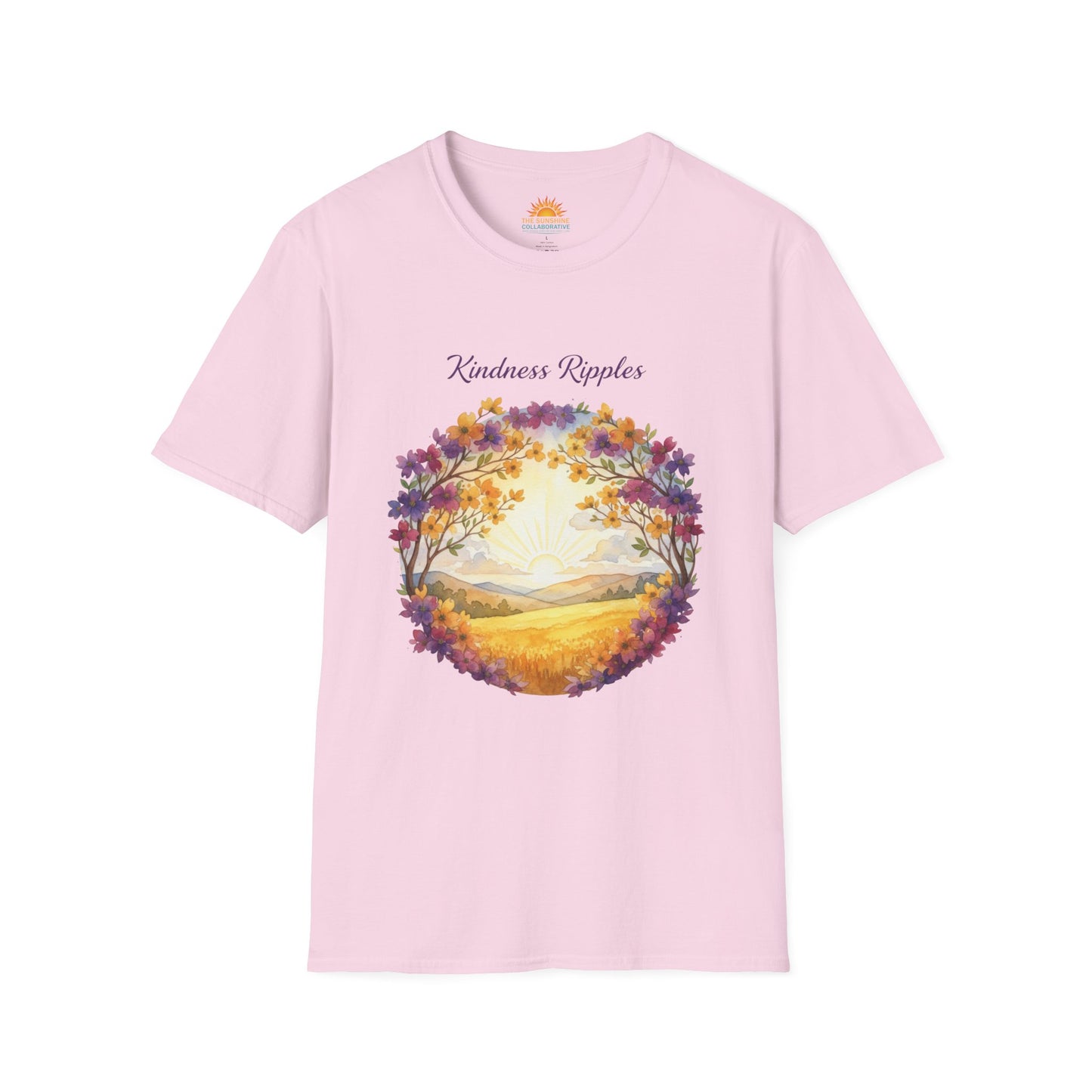 Unisex Softstyle Kindness Ripples Dogwoods and Sunshine T-Shirt, Cookeville, TN, Purple and Gold, Waterfall Capital of the World