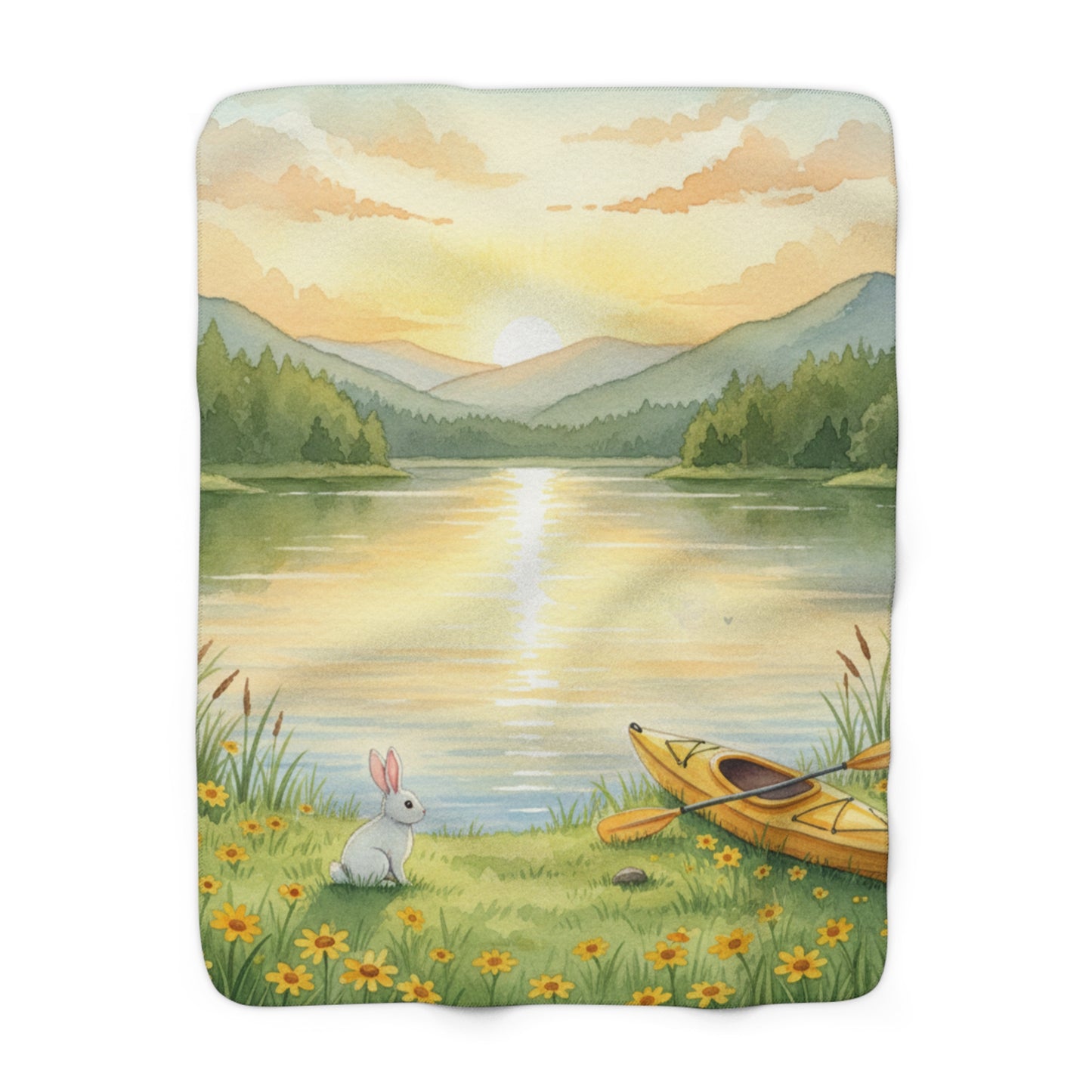 Golden Hour Solace: Watercolor Lakeside Adventure with Bunny Sherpa Blanket