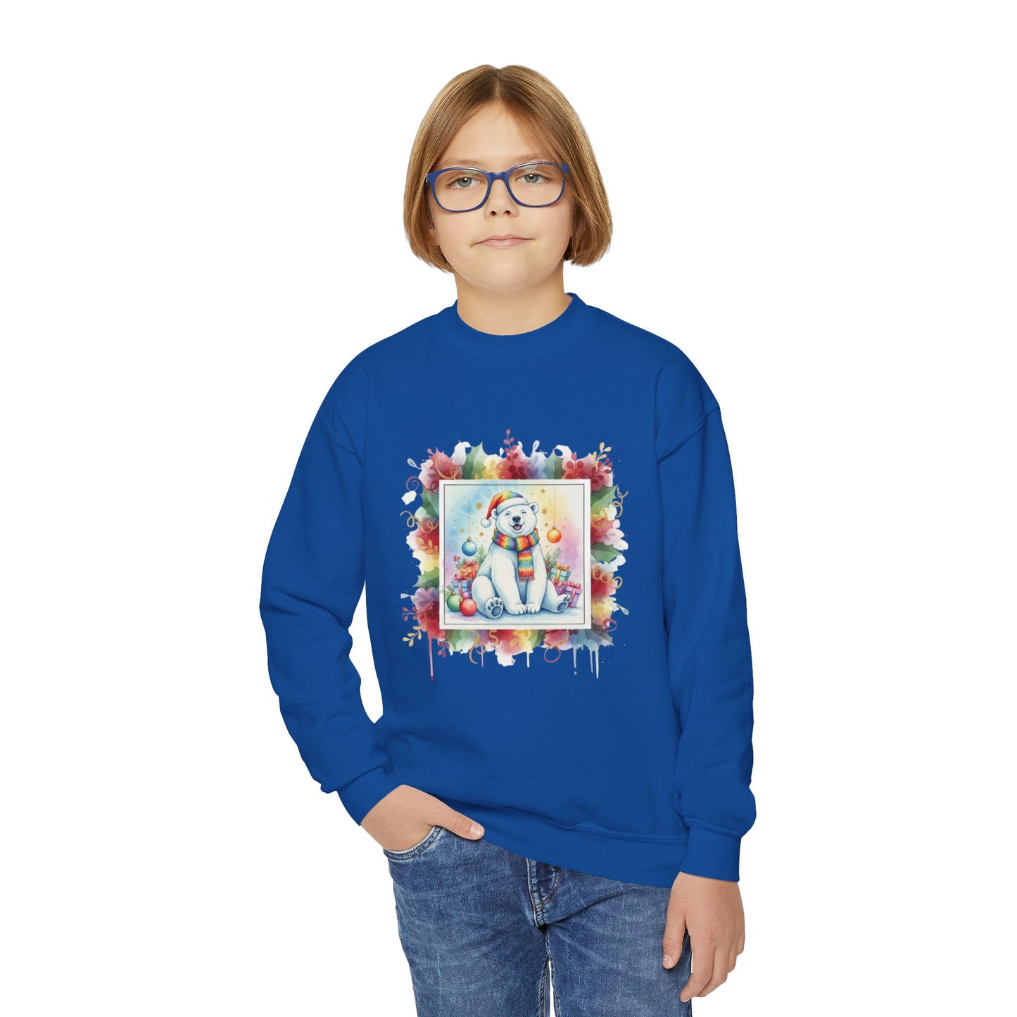 Festive Polar Bear Youth Crewneck Sweatshirt