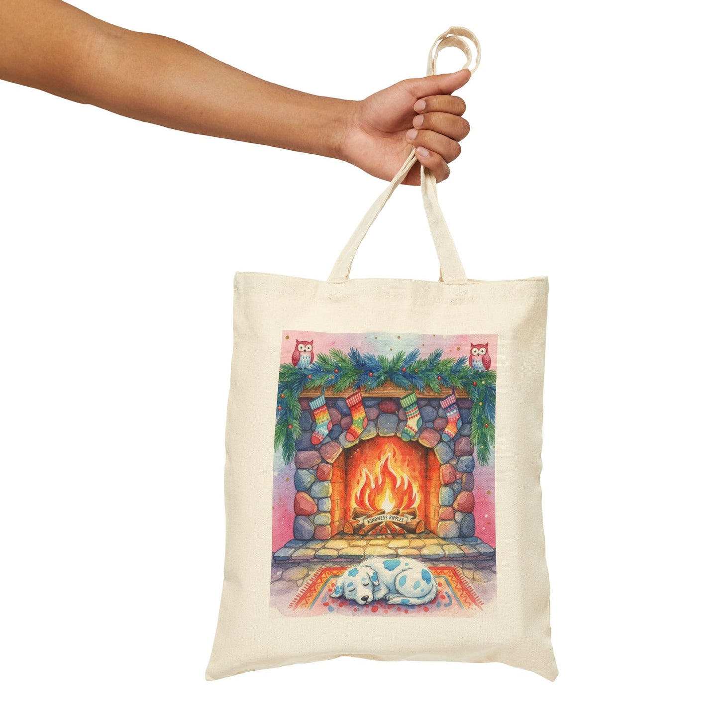 Cozy Holiday Cotton Canvas Tote Bag with Fireplace Design Blue Spotted Puppy Dog