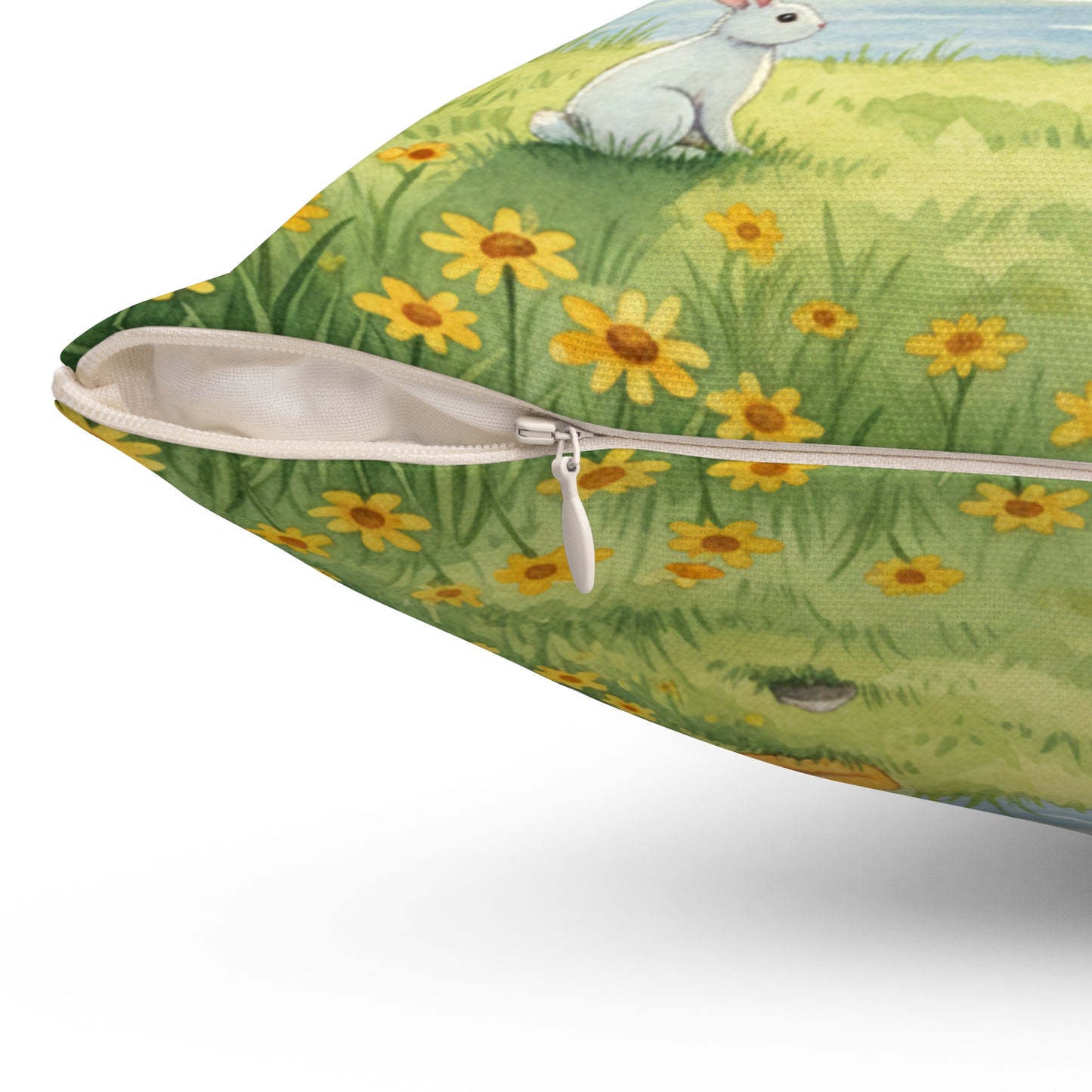 Golden Hour Solace: Watercolor Lakeside Adventure with Bunny Pillow