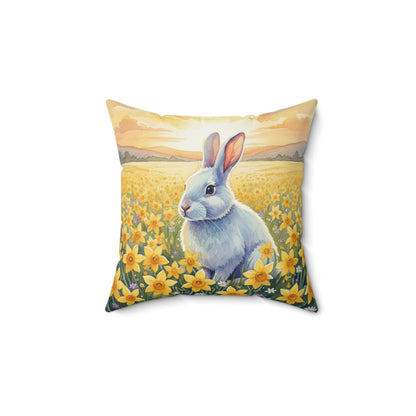 Daffodil Sunset Serenity: Watercolor White Bunny Pillow