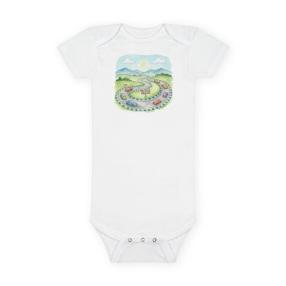 Organic Baby Bodysuit - Colorful Nature Adventure Race Car Road Trip Design