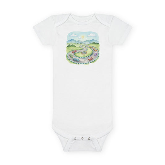 Organic Baby Bodysuit - Colorful Nature Adventure Race Car Road Trip Design