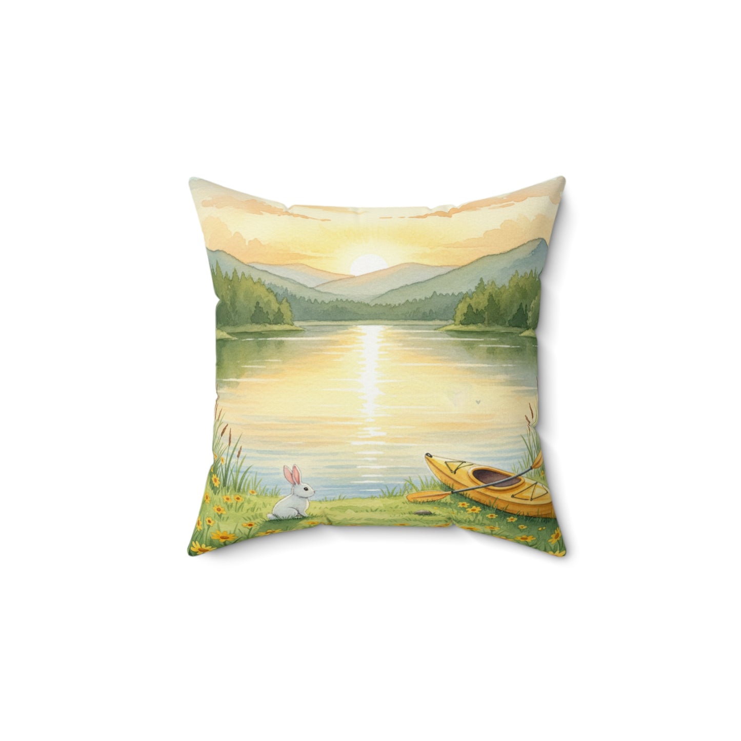 Golden Hour Solace: Watercolor Lakeside Adventure with Bunny Pillow