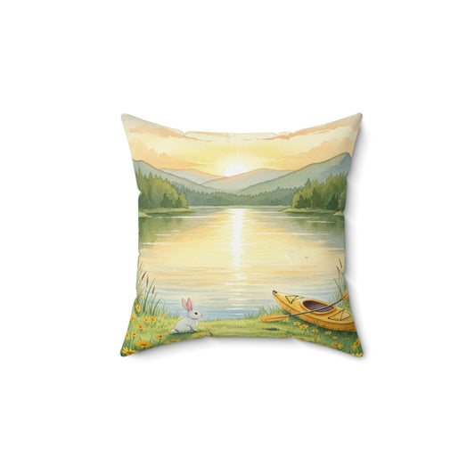 Golden Hour Solace: Watercolor Lakeside Adventure with Bunny Pillow