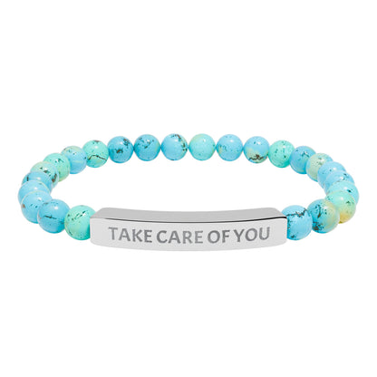 Take Care of You Natural Stone Stretch Bar Bracelet — Engraved Self-Care Jewelry