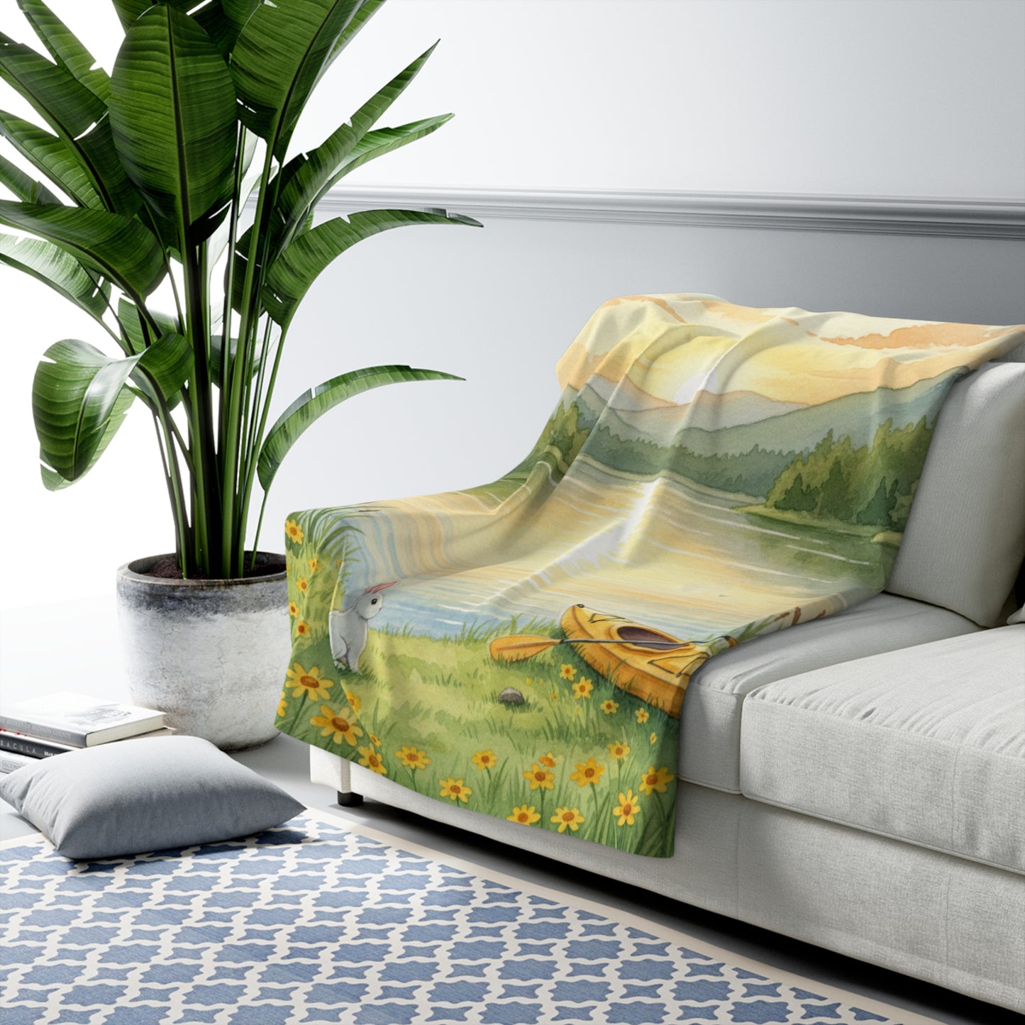 Golden Hour Solace: Watercolor Lakeside Adventure with Bunny Sherpa Blanket