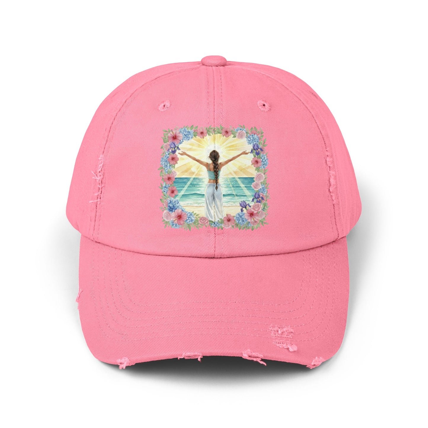 The Vivian - Distressed Pink Cap | Beach Vibes with Floral Artwork | Unisex Summer Hat