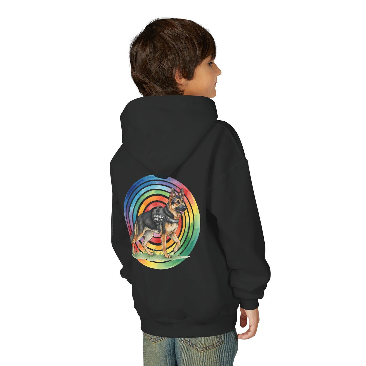 Youth Hoodie — Rainbow Paw & German Shepherd Graphic - Kindness Ripples