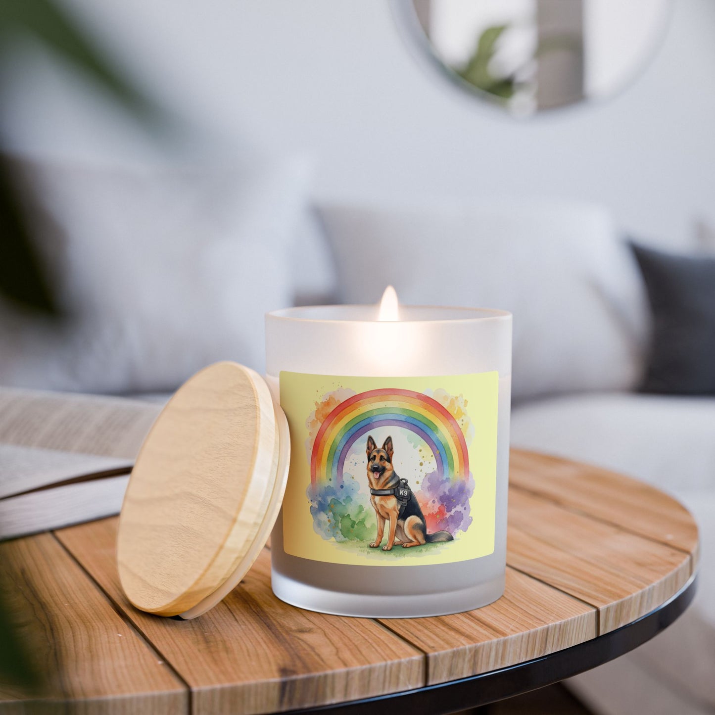 German Shepherd Rainbow Candle — 11oz Frosted Glass Memorial/Support Candle