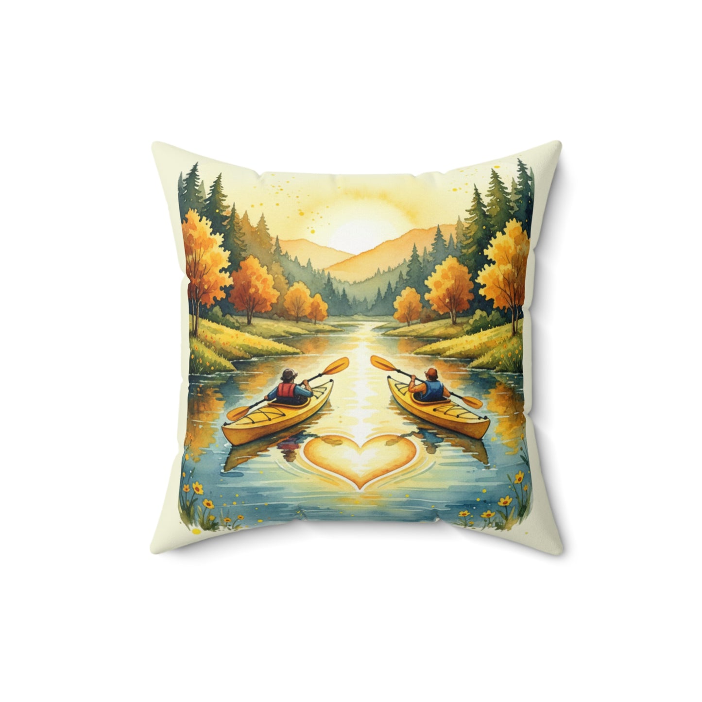 Kayaking Hearts of Hope Square Throw Pillow — Nature Lover Accent Pillow