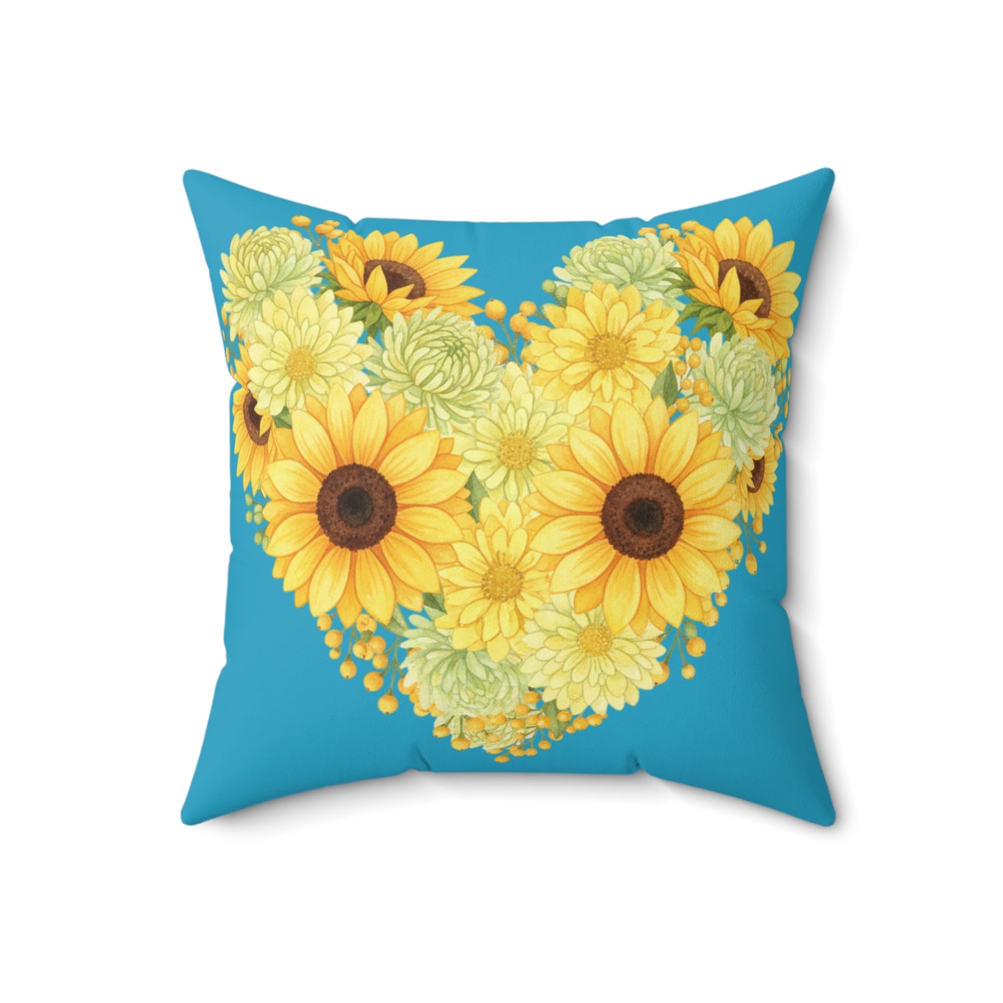 Sunflower Heart Throw Pillow — Yellow Floral Decorative Cushion on Teal Background