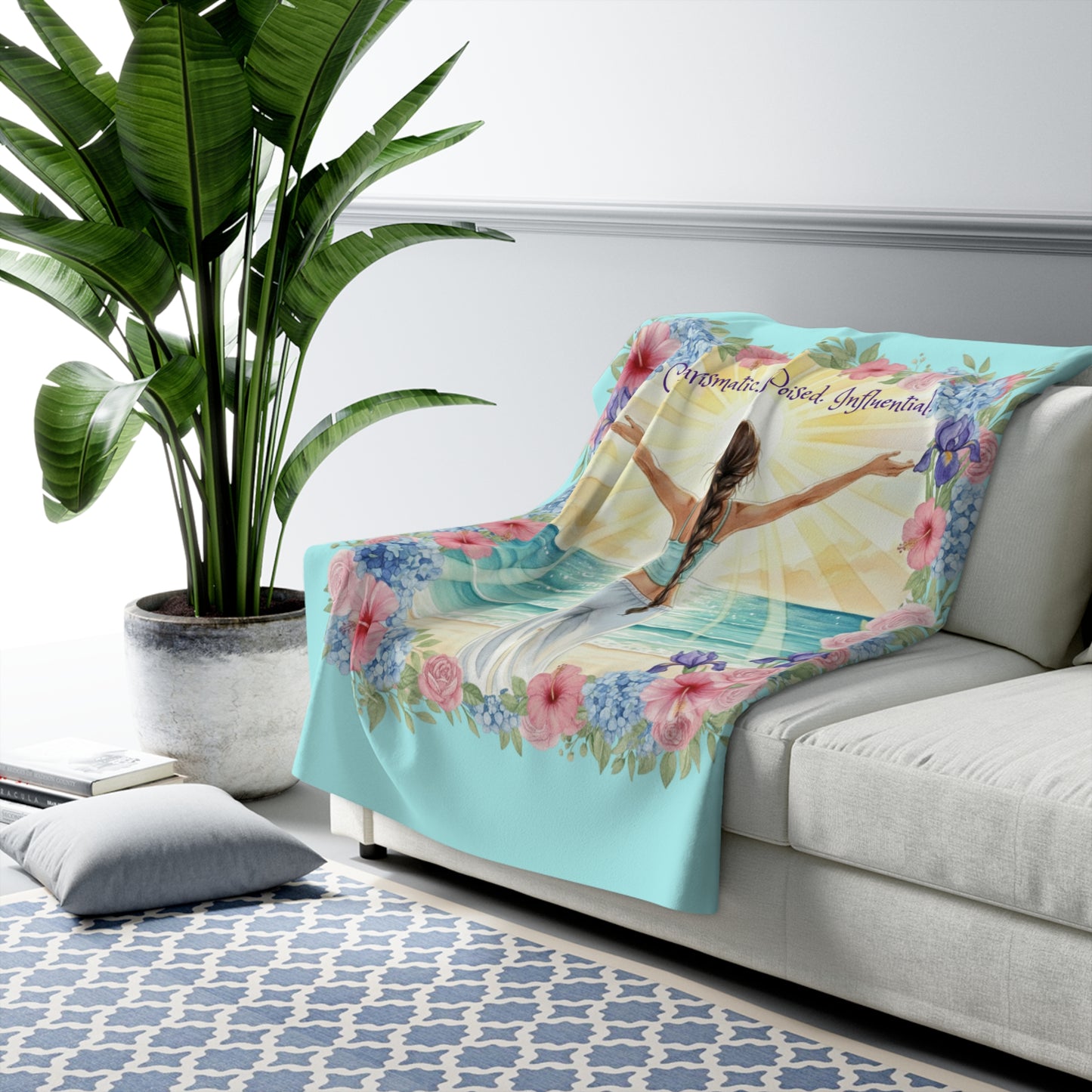 The Vivian - Inspirational Sherpa Fleece Blanket - Charismatic, Poised, Influential - Beach Floral Design