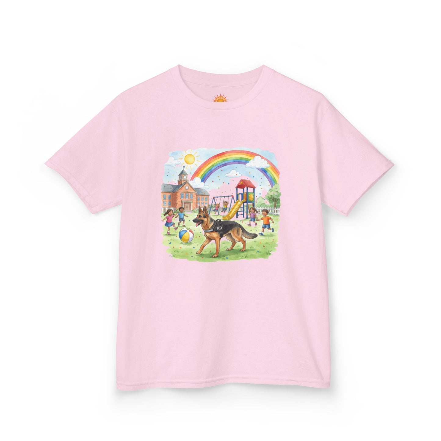 Kids T-Shirt — Playful Park Scene with Rainbow, Playground & Dog