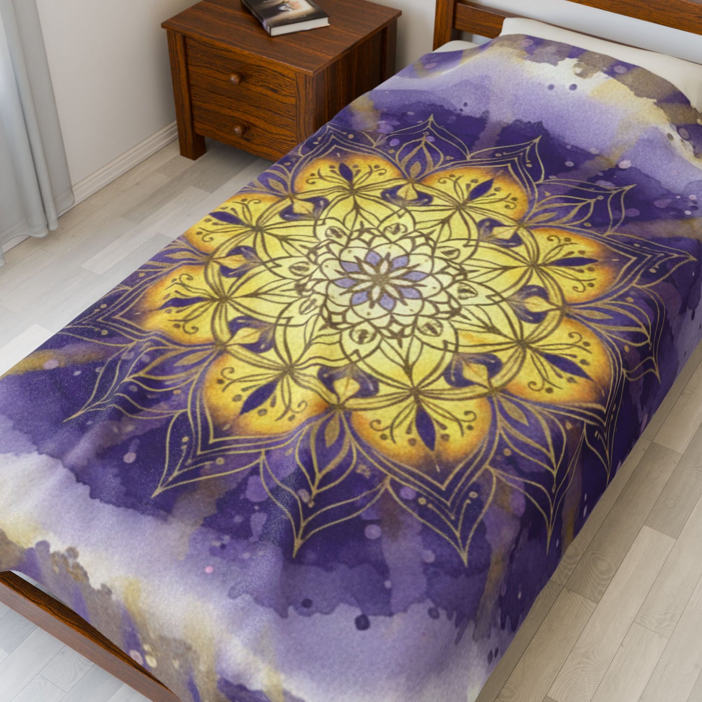 Mandala Velveteen Plush Blanket - Cozy Decorative Throw for Relaxation and Gifts, Purple and Gold, Peaceful, Kindness, Calm