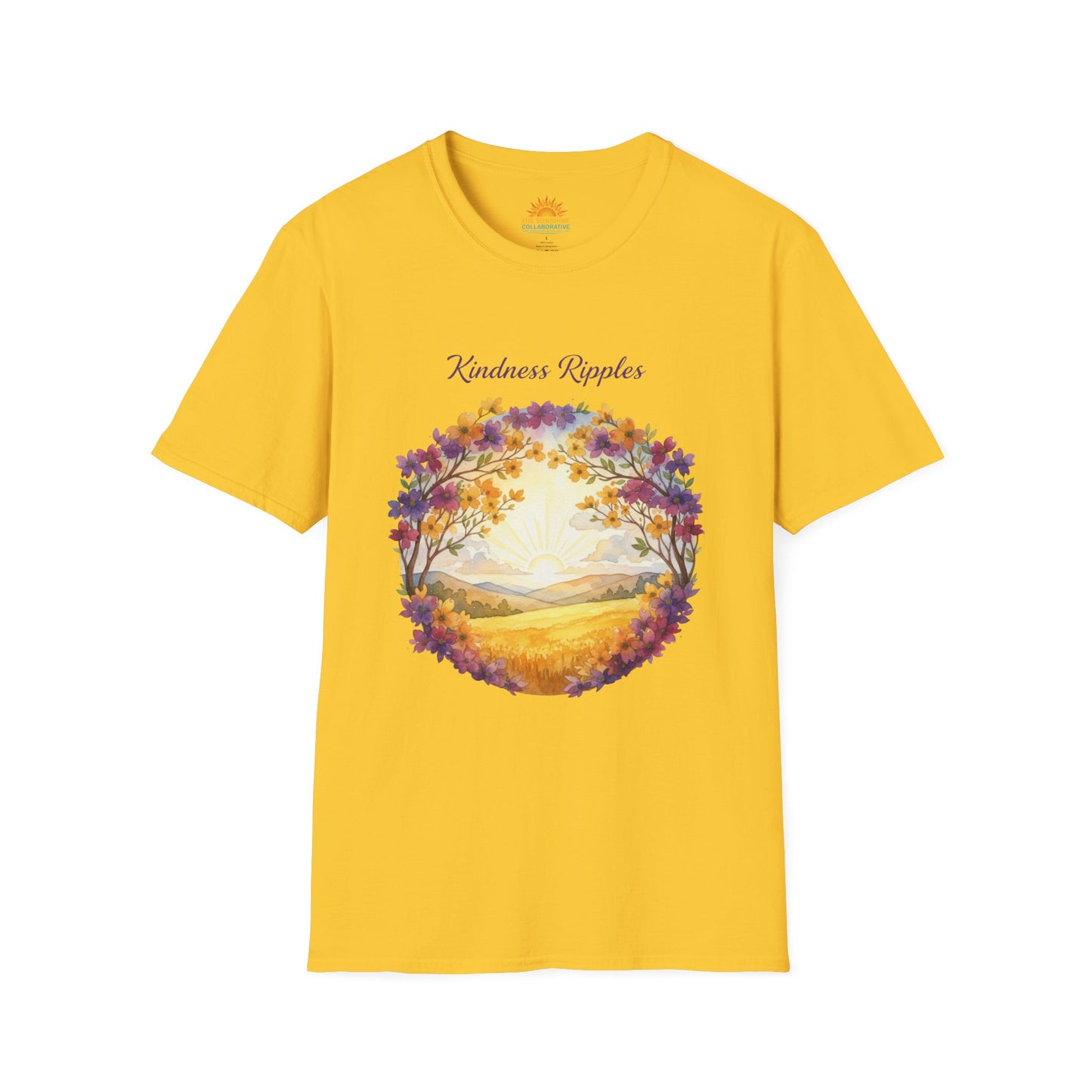 Unisex Softstyle Kindness Ripples Dogwoods and Sunshine T-Shirt, Cookeville, TN, Purple and Gold, Waterfall Capital of the World