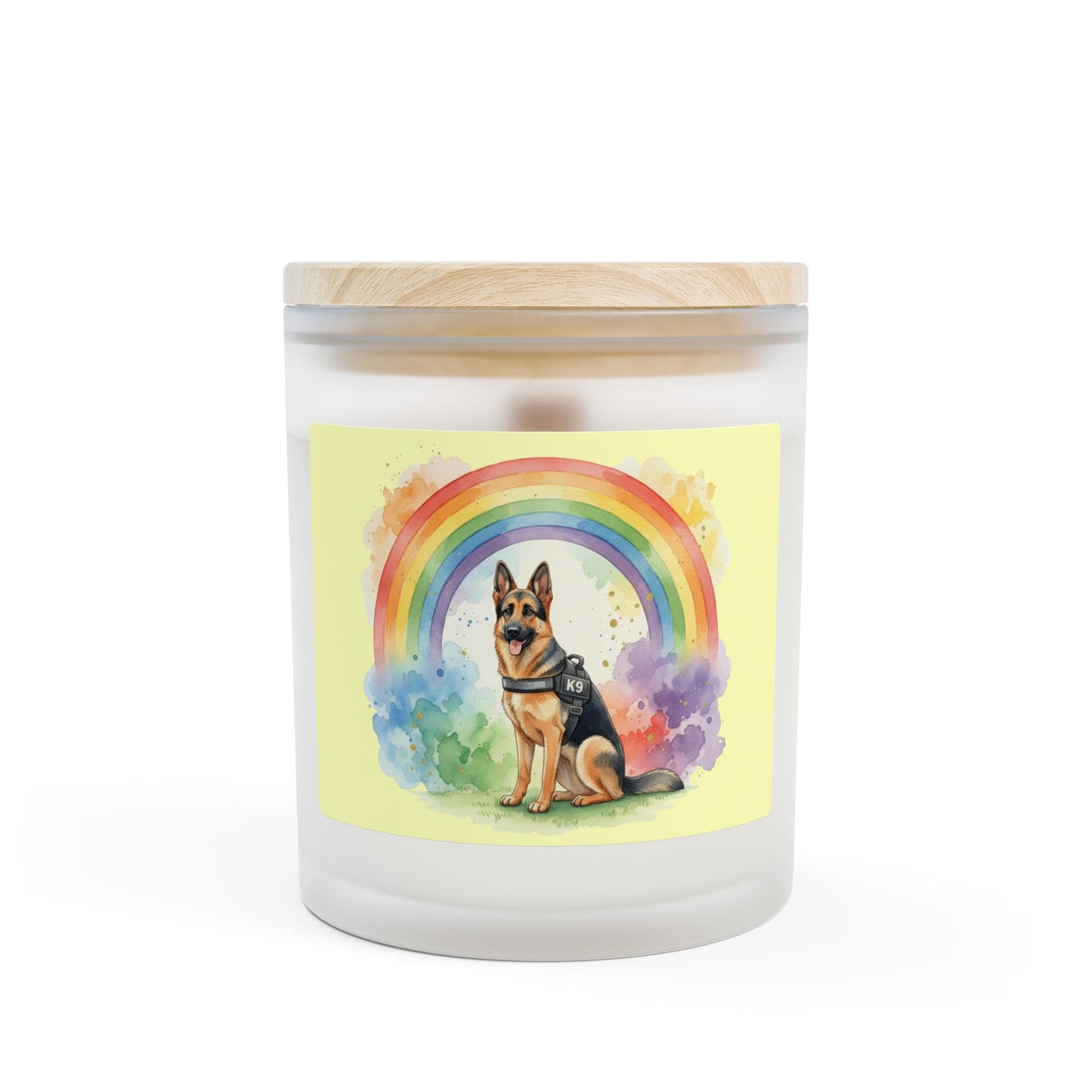 German Shepherd Rainbow Candle — 11oz Frosted Glass Memorial/Support Candle