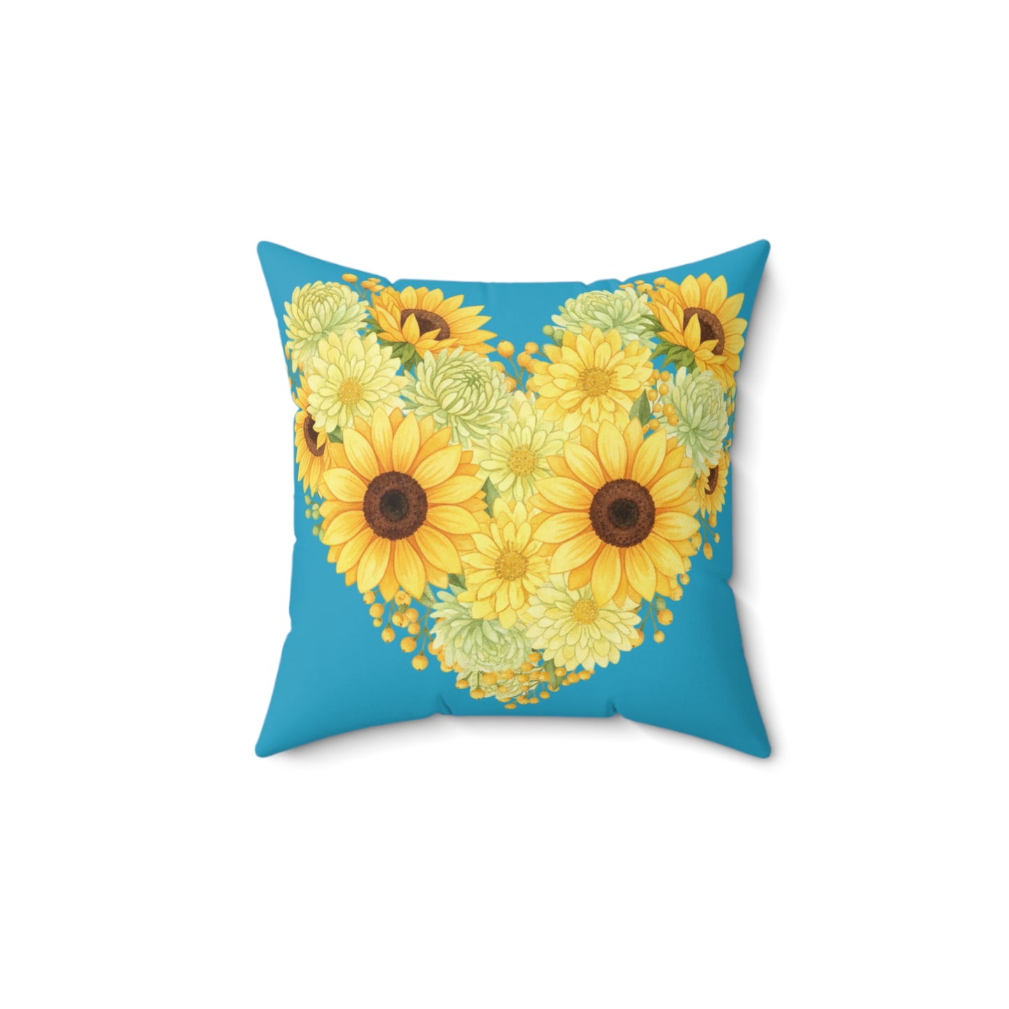 Sunflower Heart Throw Pillow — Yellow Floral Decorative Cushion on Teal Background