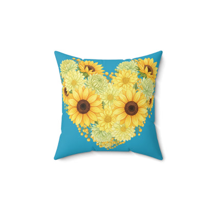 Sunflower Heart Throw Pillow — Yellow Floral Decorative Cushion on Teal Background