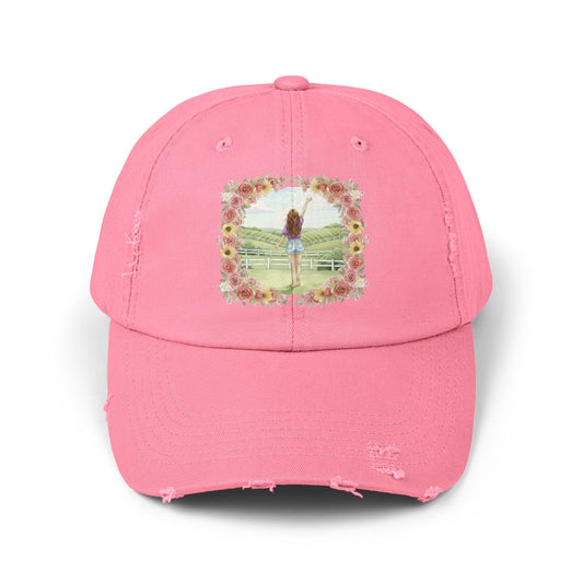 The Molly- Distressed Pink Cap | Rolling Kentucky Hills with Floral Artwork | Unisex Summer Hat