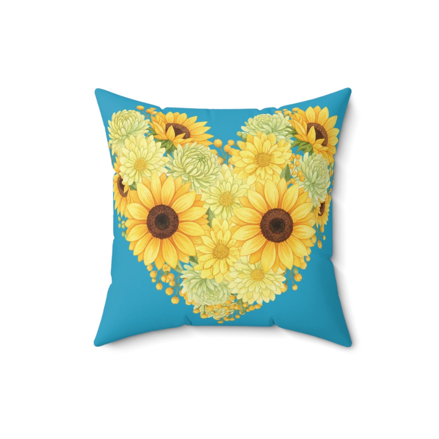 Sunflower Heart Throw Pillow — Yellow Floral Decorative Cushion on Teal Background