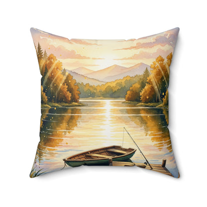 Golden Hour Angler's Dream: Watercolor Lake Sunset Pillow