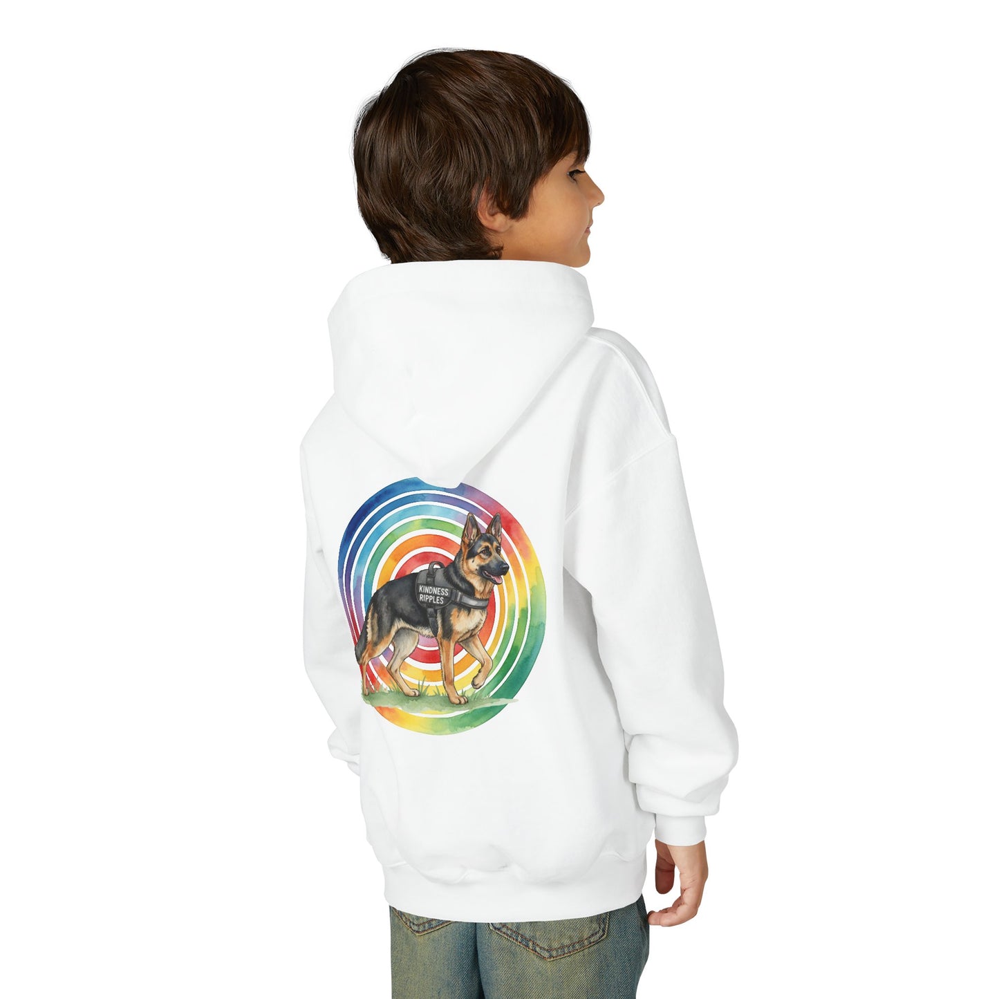 Youth Hoodie — Rainbow Paw & German Shepherd Graphic - Kindness Ripples