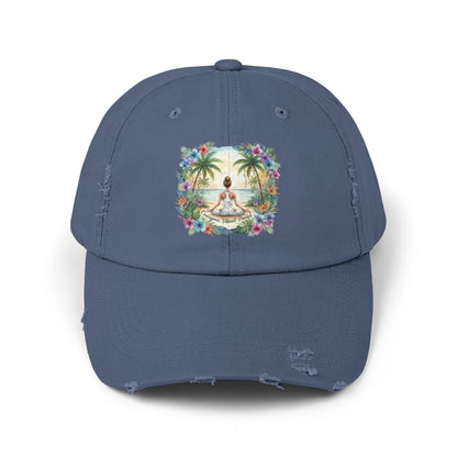The Rachel - Zen-Inspired Unisex Distressed Cap with Tropical Meditation Design