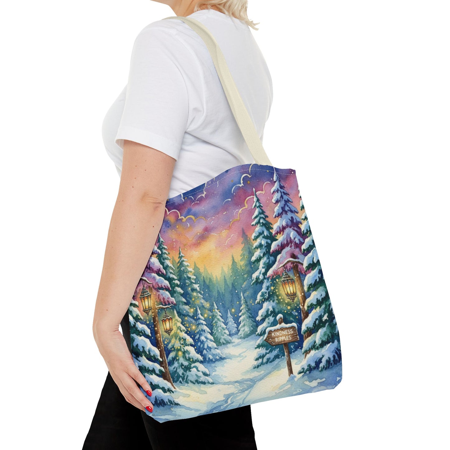 Enchanting Watercolor Winter Wonderland Tote Bag - Festive Holiday Gift & Everyday Carryall | 3 Sizes, Custom Handles